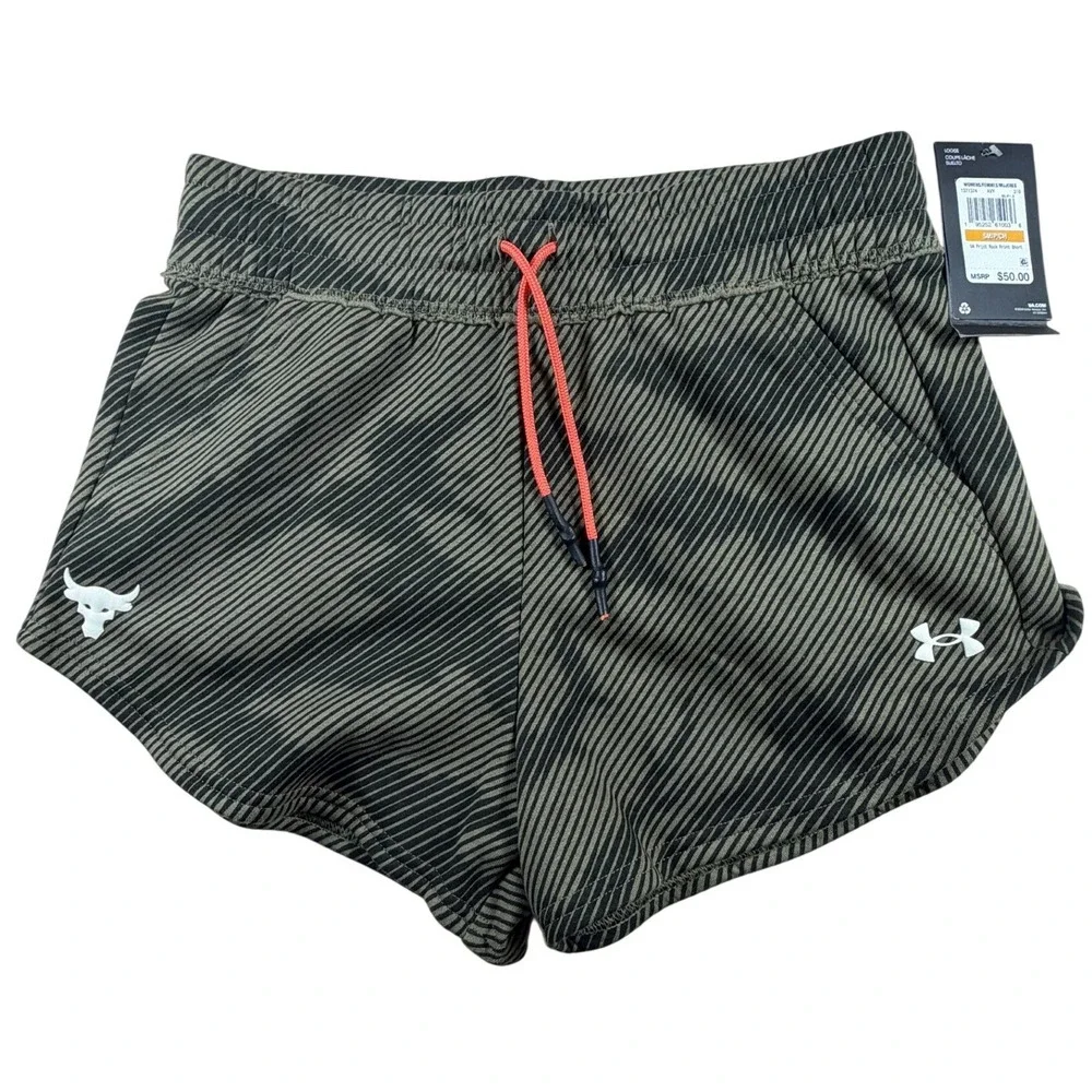 Under Armour Project Rock Print Shorts Womens Small Green Black Stripe 1371374